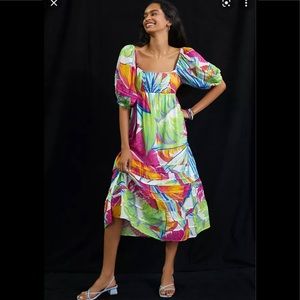 NWOT Farm rio rainbow leafs open back midi dress